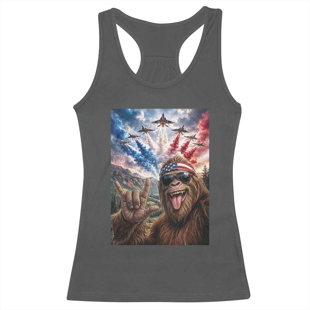 Patriotic Bigfoot 4th Of July Selfie Racerback Tank Top Funny USA Freedom Jet Fighter Graphic TS12 Dark Heather Print Your Wear