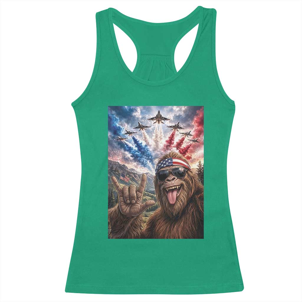 Patriotic Bigfoot 4th Of July Selfie Racerback Tank Top Funny USA Freedom Jet Fighter Graphic TS12 Irish Green Print Your Wear