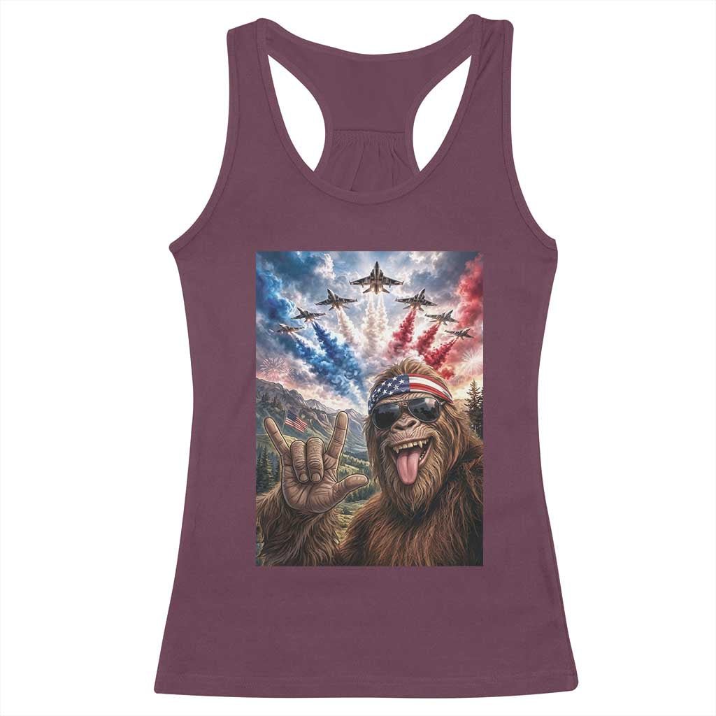Patriotic Bigfoot 4th Of July Selfie Racerback Tank Top Funny USA Freedom Jet Fighter Graphic TS12 Maroon Print Your Wear