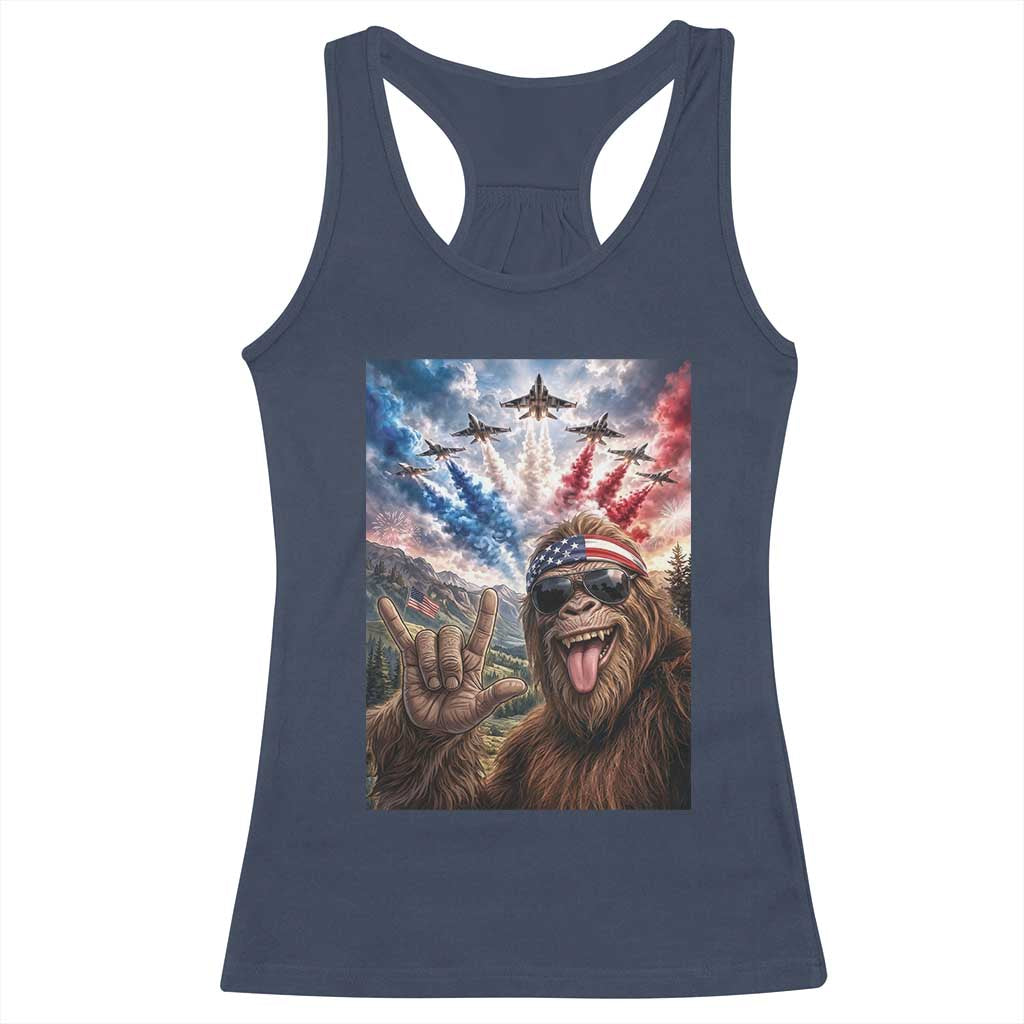Patriotic Bigfoot 4th Of July Selfie Racerback Tank Top Funny USA Freedom Jet Fighter Graphic TS12 Navy Print Your Wear