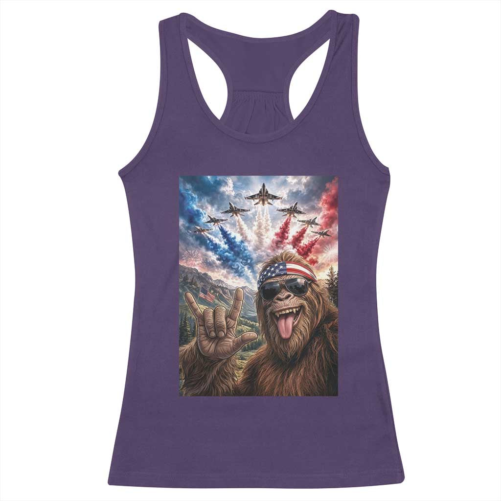 Patriotic Bigfoot 4th Of July Selfie Racerback Tank Top Funny USA Freedom Jet Fighter Graphic TS12 Purple Print Your Wear
