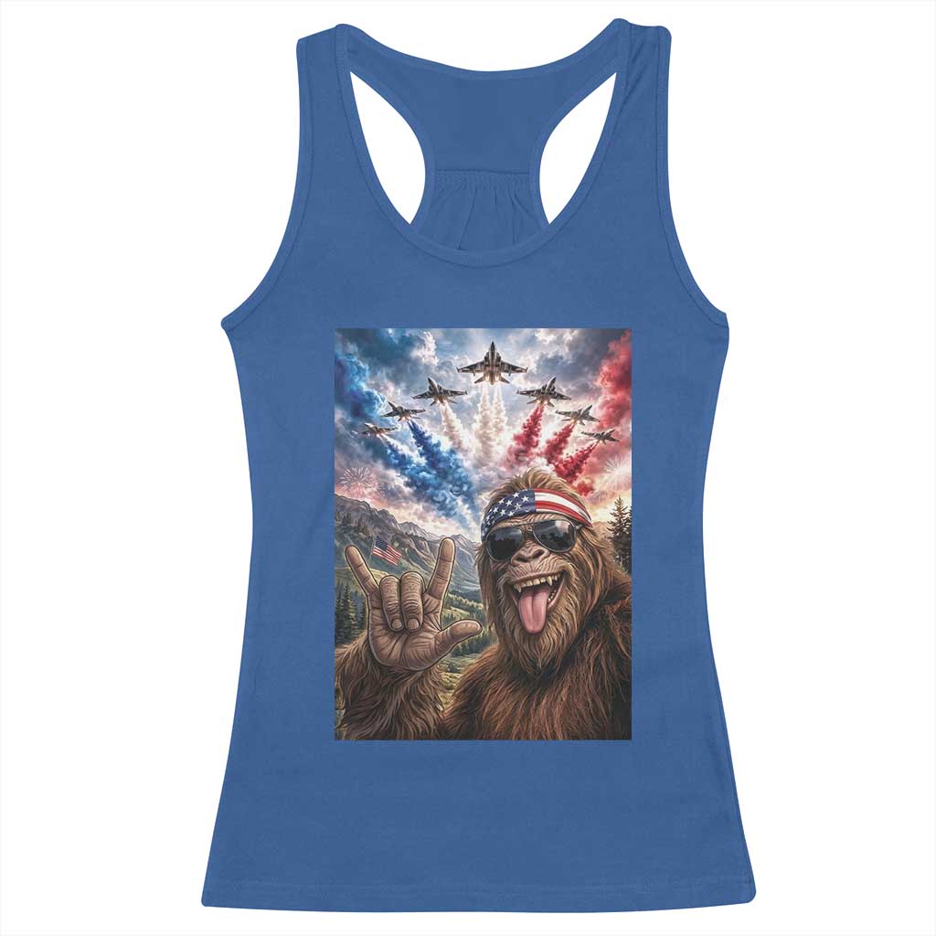 Patriotic Bigfoot 4th Of July Selfie Racerback Tank Top Funny USA Freedom Jet Fighter Graphic TS12 Royal Blue Print Your Wear