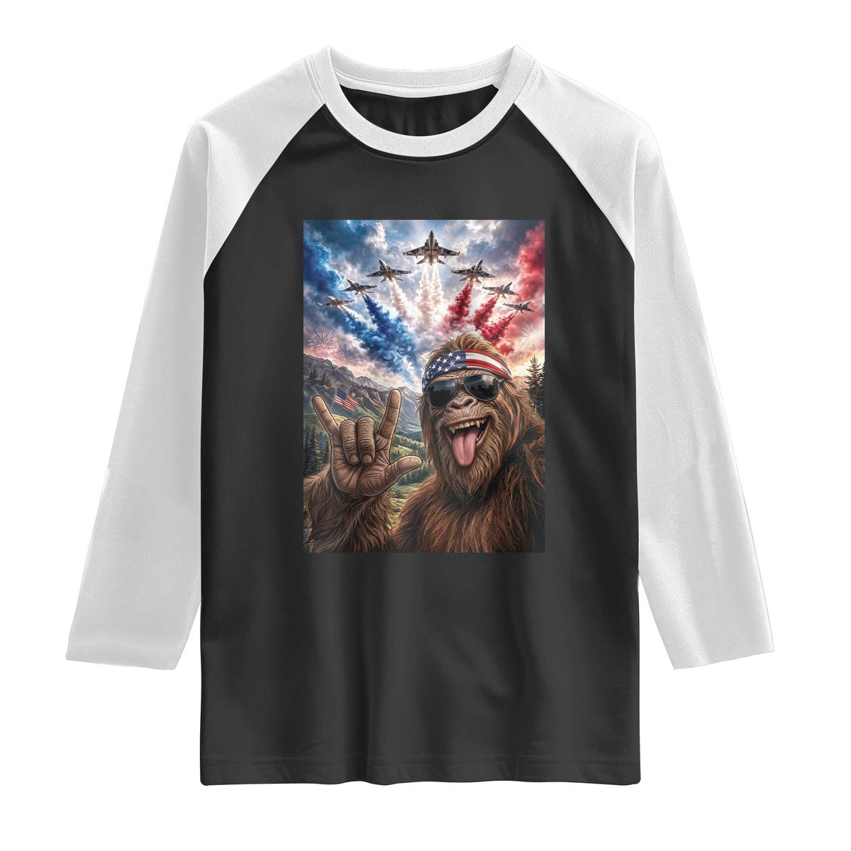 Patriotic Bigfoot 4th Of July Selfie Raglan Shirt Funny USA Freedom Jet Fighter Graphic TS12 Black White Print Your Wear