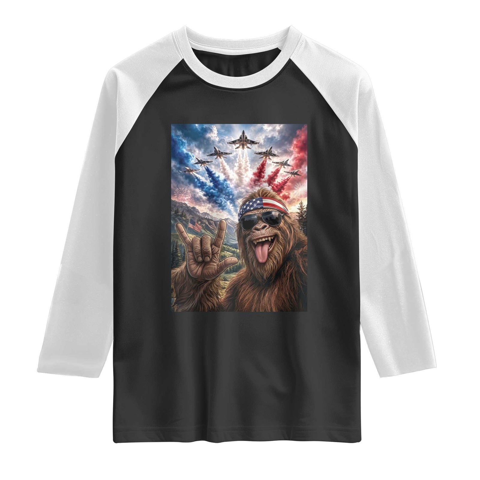 Patriotic Bigfoot 4th Of July Selfie Raglan Shirt Funny USA Freedom Jet Fighter Graphic TS12 Black White Print Your Wear