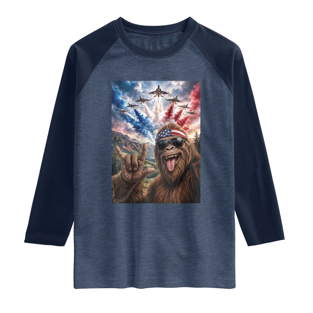Patriotic Bigfoot 4th Of July Selfie Raglan Shirt Funny USA Freedom Jet Fighter Graphic TS12 Heather Denim Navy Print Your Wear