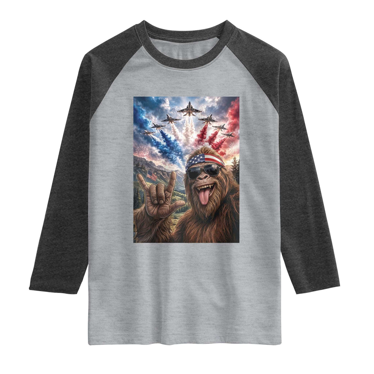 Patriotic Bigfoot 4th Of July Selfie Raglan Shirt Funny USA Freedom Jet Fighter Graphic TS12 Heather Gray Heather Charcoal Print Your Wear