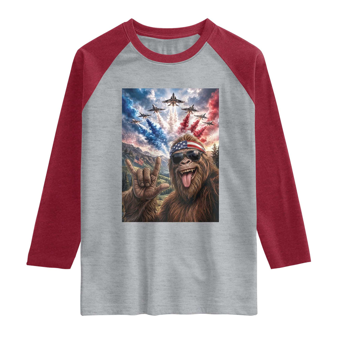 Patriotic Bigfoot 4th Of July Selfie Raglan Shirt Funny USA Freedom Jet Fighter Graphic TS12 Heather Gray Heather Red Print Your Wear