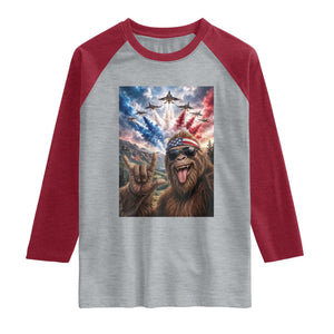 Patriotic Bigfoot 4th Of July Selfie Raglan Shirt Funny USA Freedom Jet Fighter Graphic TS12 Heather Gray Heather Red Print Your Wear