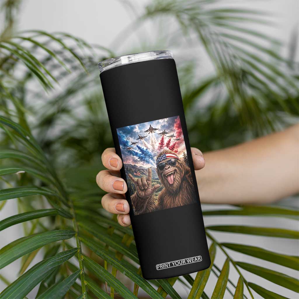 Patriotic Bigfoot 4th Of July Selfie Skinny Tumbler Funny USA Freedom Jet Fighter Graphic