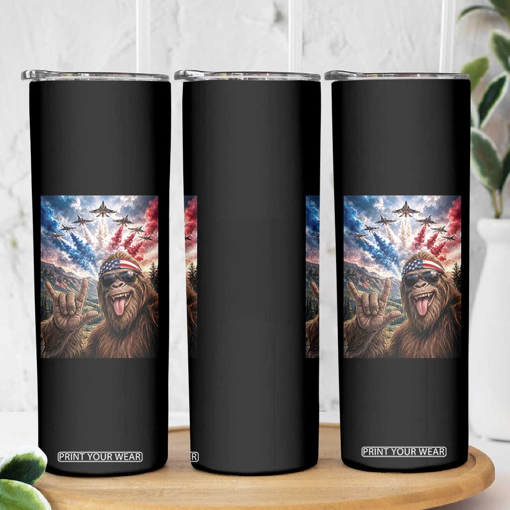 Patriotic Bigfoot 4th Of July Selfie Skinny Tumbler Funny USA Freedom Jet Fighter Graphic