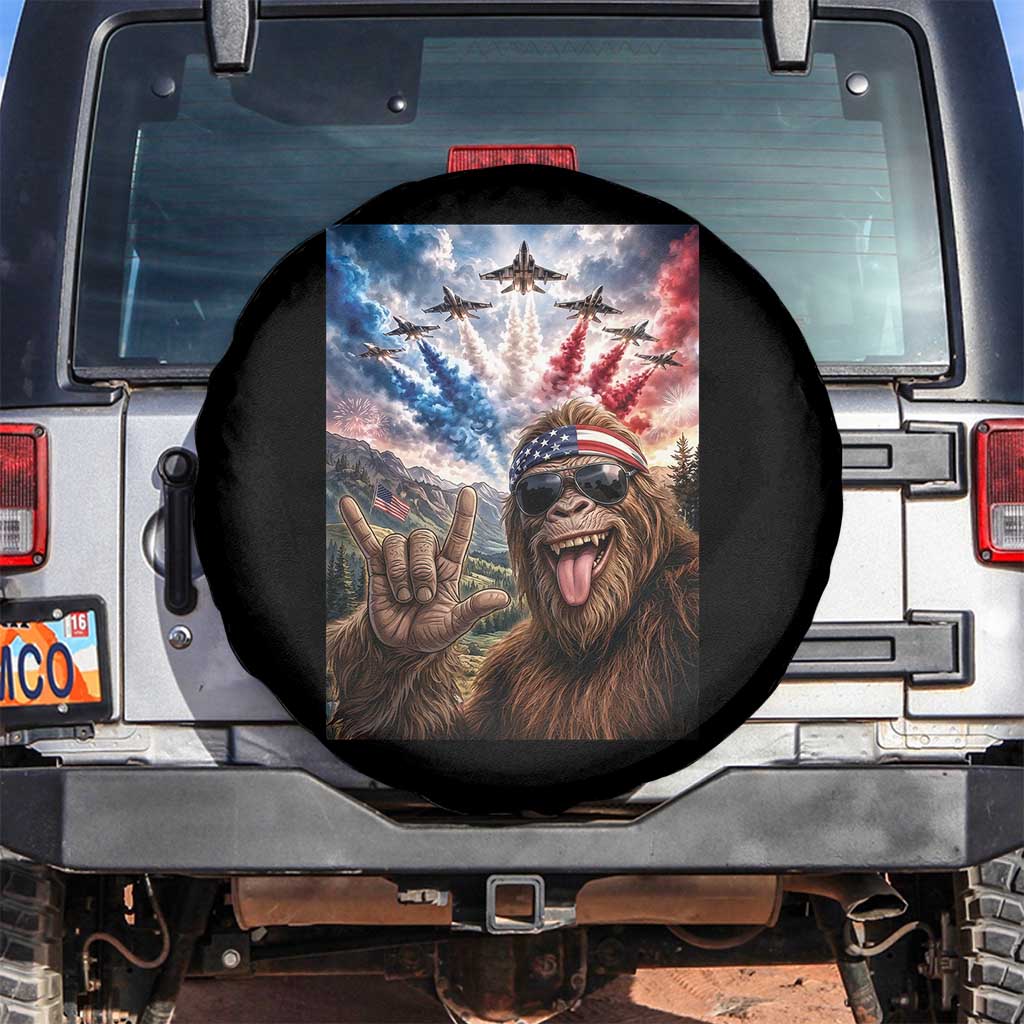 Patriotic Bigfoot 4th Of July Selfie Spare Tire Cover Funny USA Freedom Jet Fighter Graphic TS12 No hole Black Print Your Wear