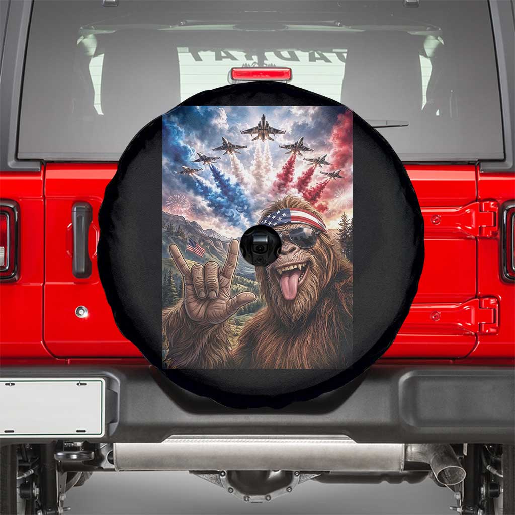 Patriotic Bigfoot 4th Of July Selfie Spare Tire Cover Funny USA Freedom Jet Fighter Graphic TS12 Black Print Your Wear