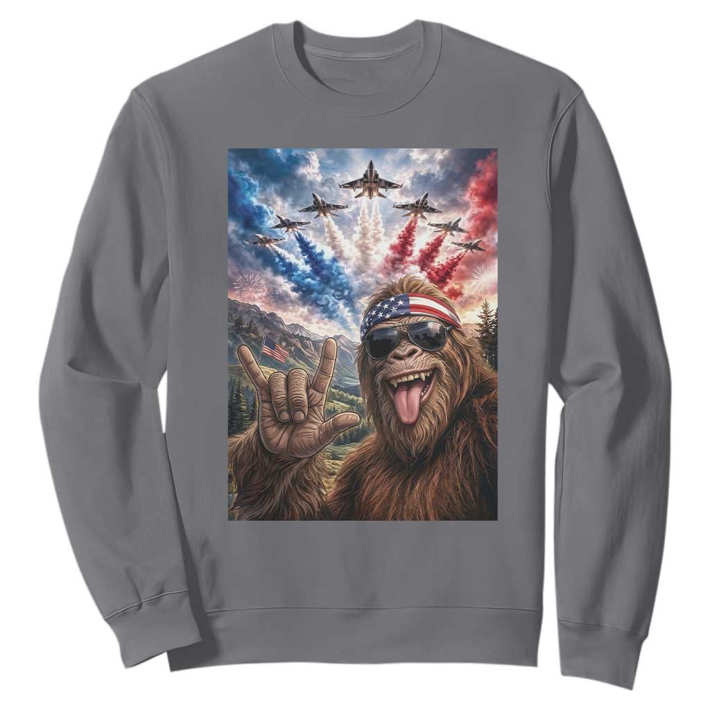 Patriotic Bigfoot 4th Of July Selfie Sweatshirt Funny USA Freedom Jet Fighter Graphic