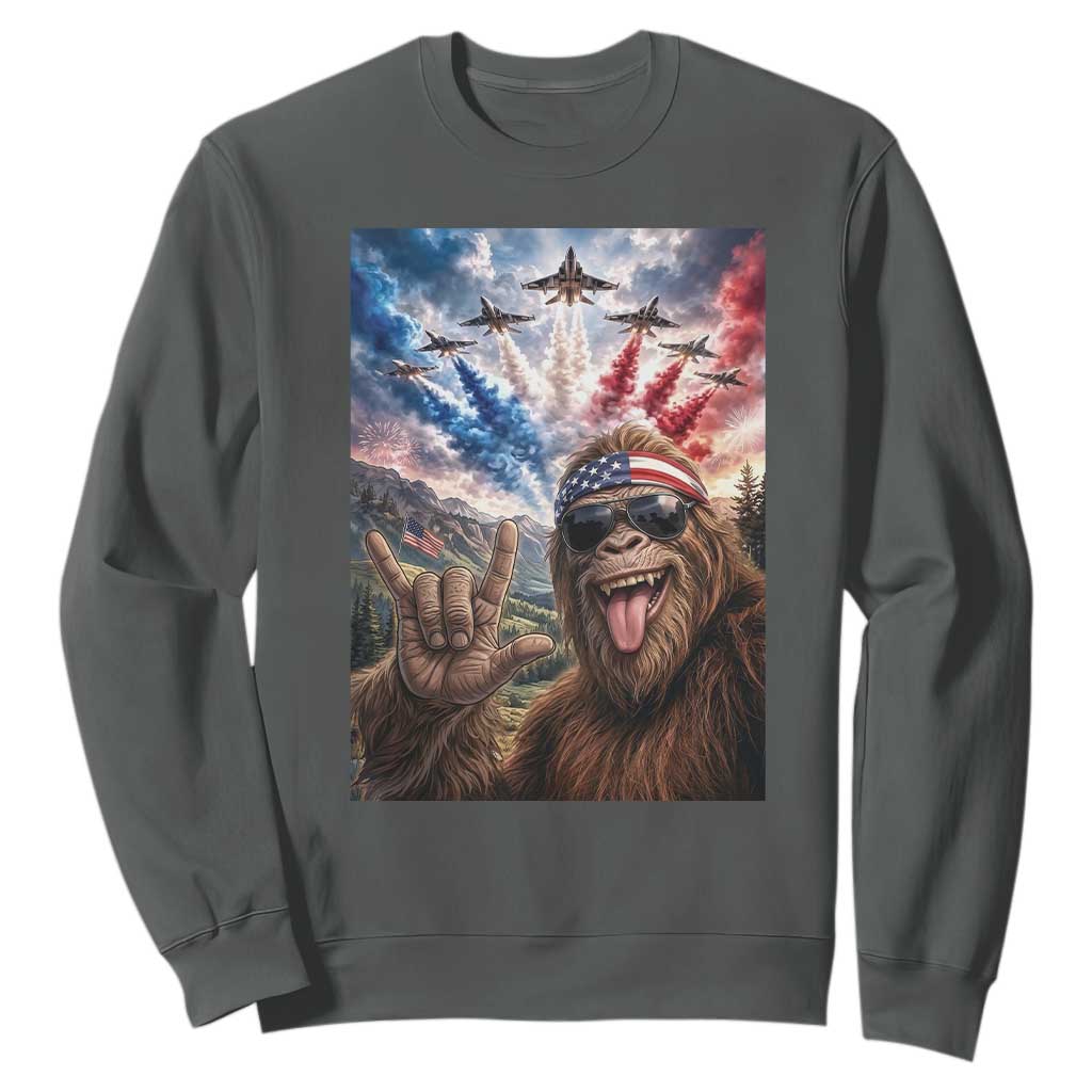 Patriotic Bigfoot 4th Of July Selfie Sweatshirt Funny USA Freedom Jet Fighter Graphic
