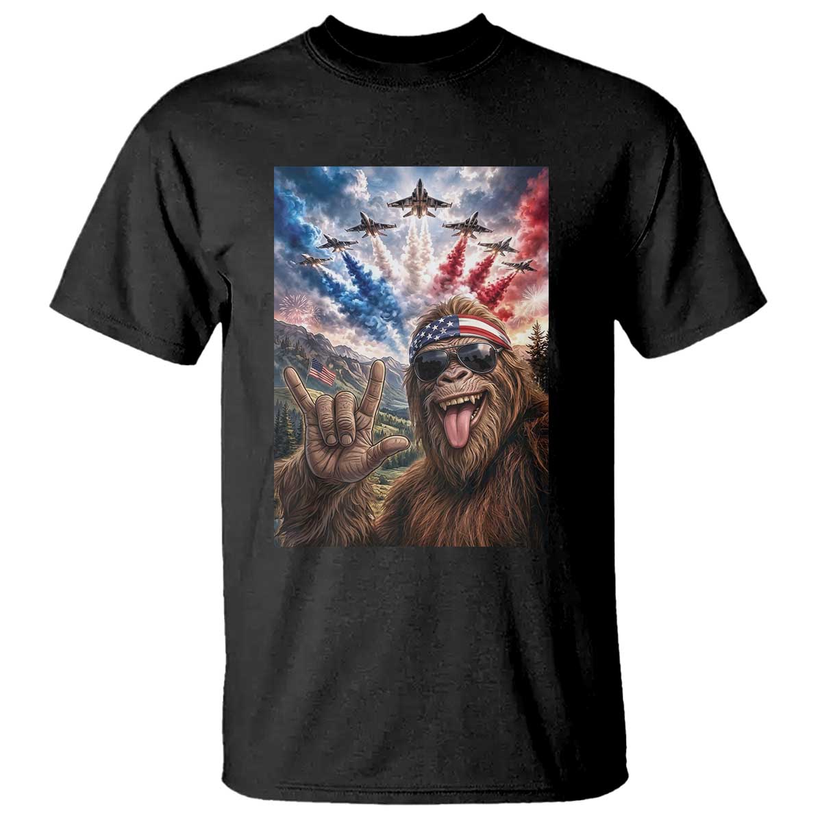 Patriotic Bigfoot 4th Of July Selfie T Shirt Funny USA Freedom Jet Fighter Graphic TS12 Black Print Your Wear