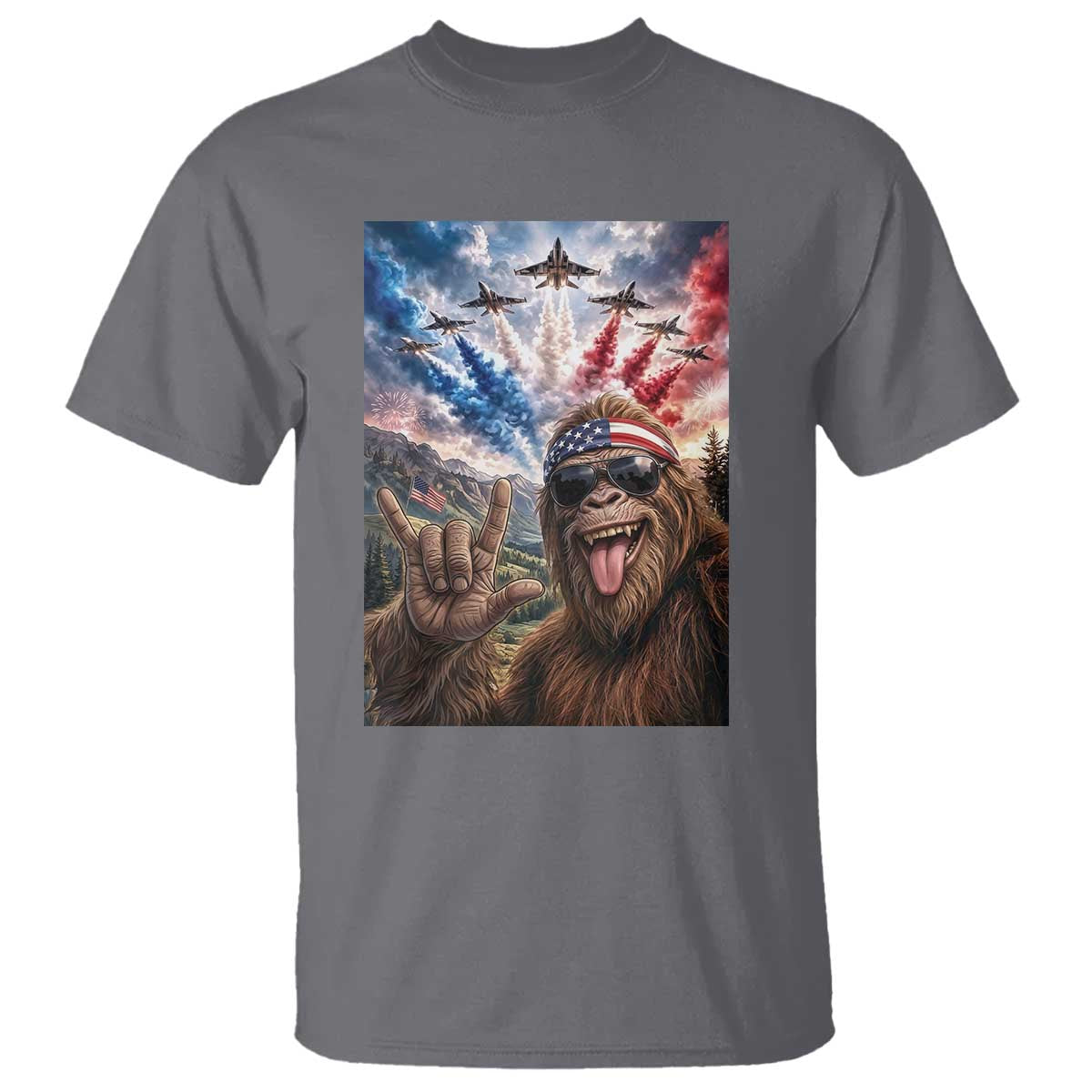 Patriotic Bigfoot 4th Of July Selfie T Shirt Funny USA Freedom Jet Fighter Graphic TS12 Charcoal Print Your Wear