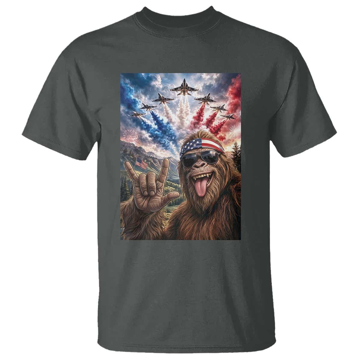 Patriotic Bigfoot 4th Of July Selfie T Shirt Funny USA Freedom Jet Fighter Graphic TS12 Dark Heather Print Your Wear