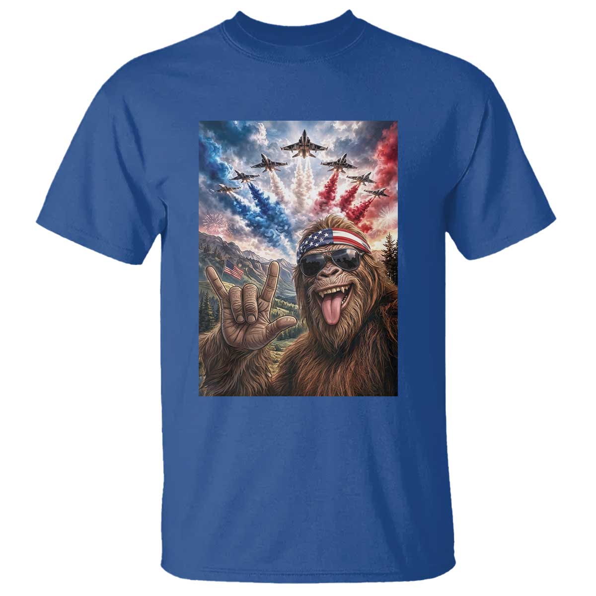 Patriotic Bigfoot 4th Of July Selfie T Shirt Funny USA Freedom Jet Fighter Graphic TS12 Royal Blue Print Your Wear
