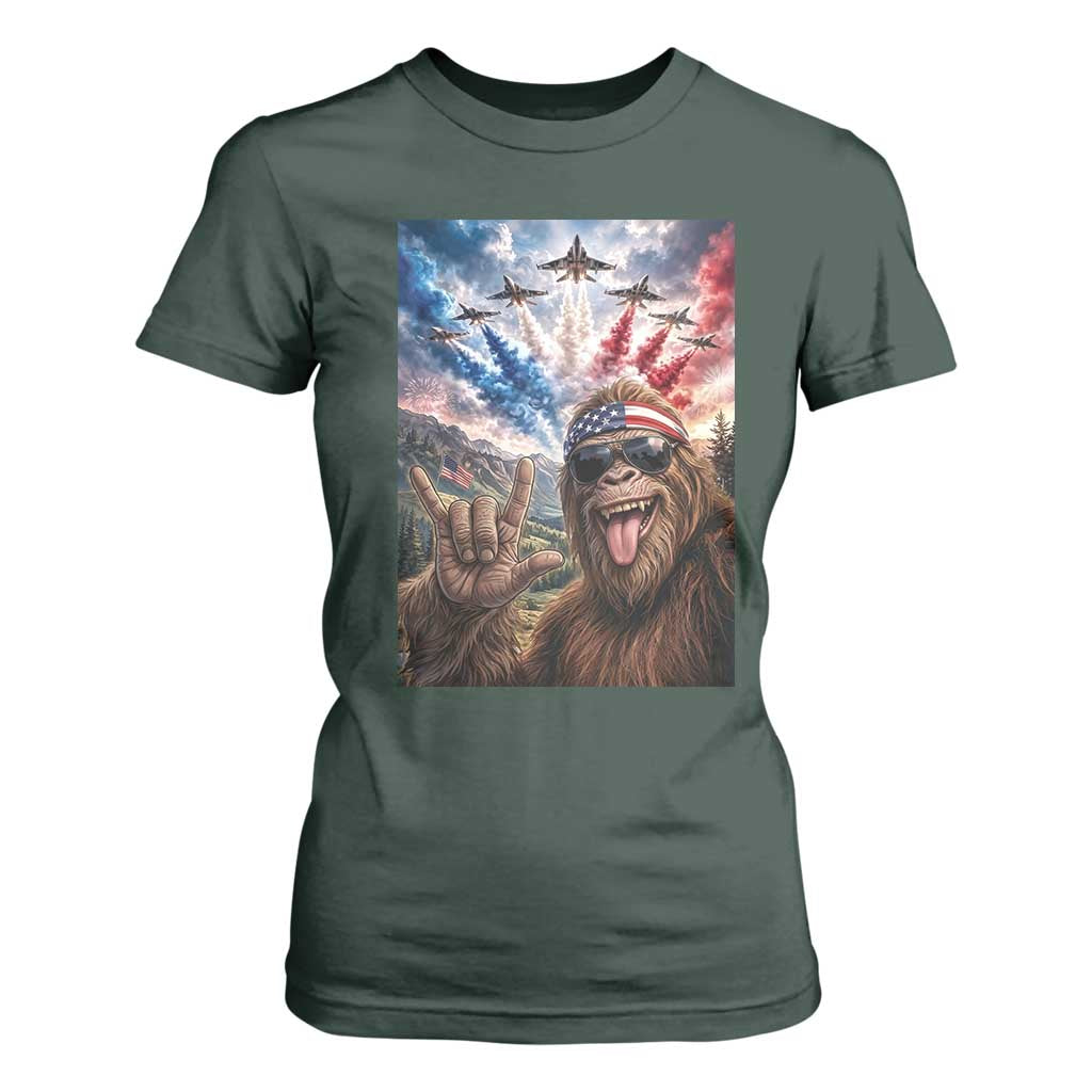 Patriotic Bigfoot 4th Of July Selfie T Shirt For Women Funny USA Freedom Jet Fighter Graphic