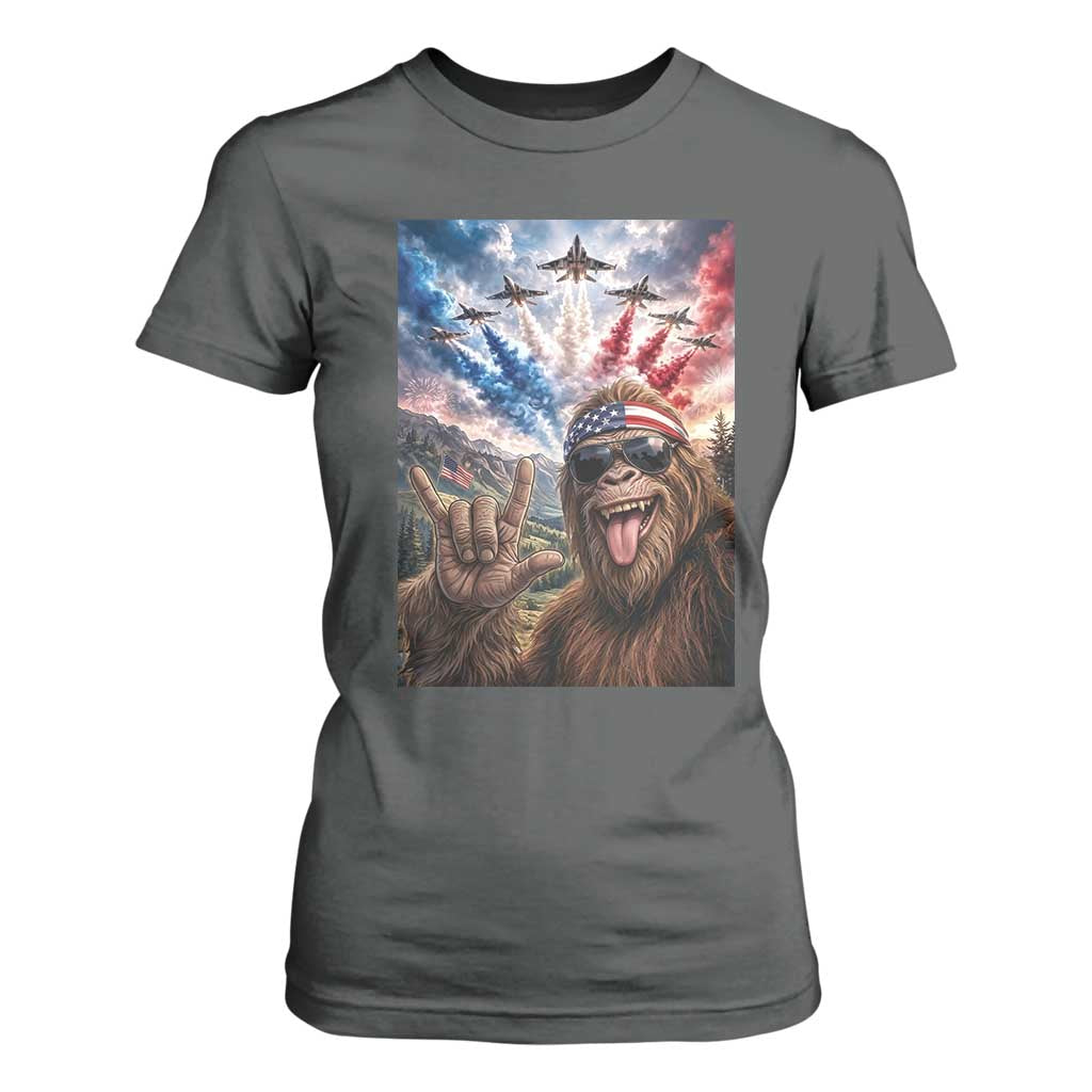 Patriotic Bigfoot 4th Of July Selfie T Shirt For Women Funny USA Freedom Jet Fighter Graphic