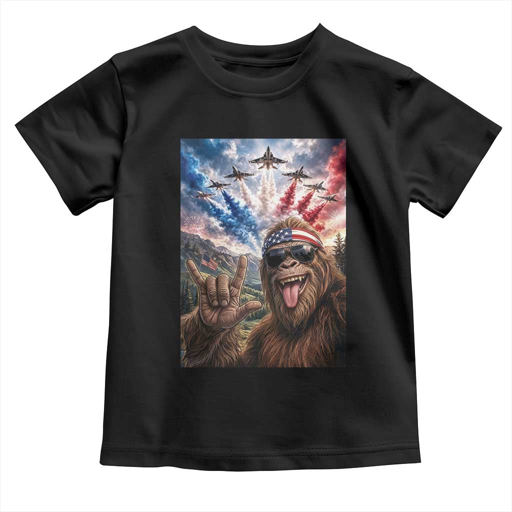Patriotic Bigfoot 4th Of July Selfie Toddler T Shirt Funny USA Freedom Jet Fighter Graphic