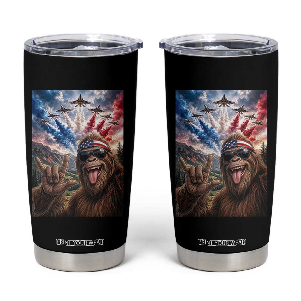 Patriotic Bigfoot 4th Of July Selfie Tumbler Cup Funny USA Freedom Jet Fighter Graphic TS12 Black Print Your Wear