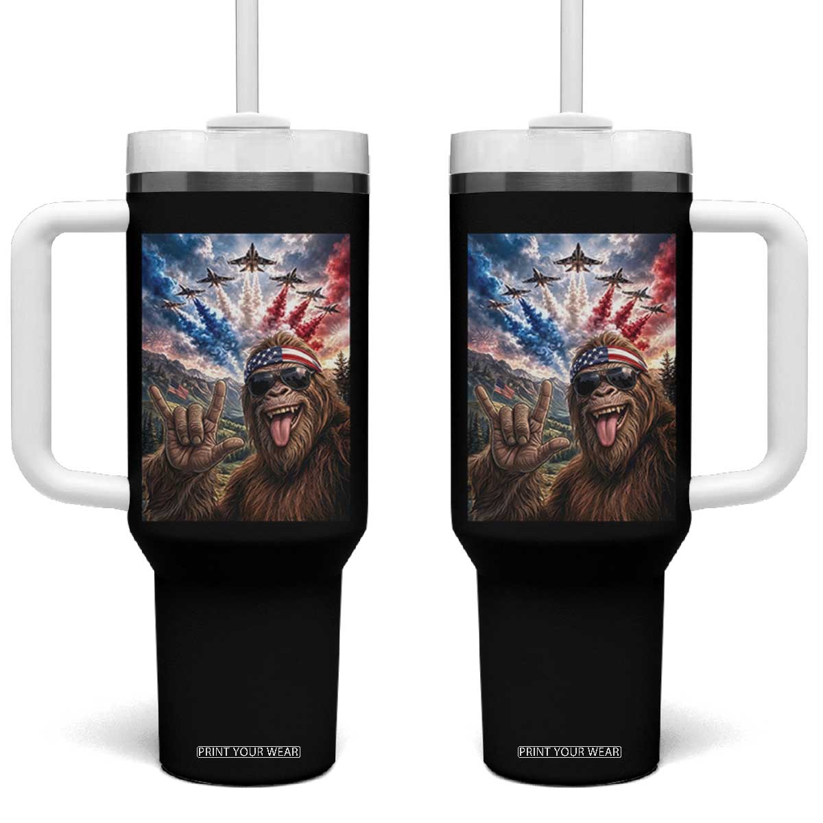 Patriotic Bigfoot 4th Of July Selfie Tumbler With Handle Funny USA Freedom Jet Fighter Graphic TS12 One Size: 40 oz Black Print Your Wear