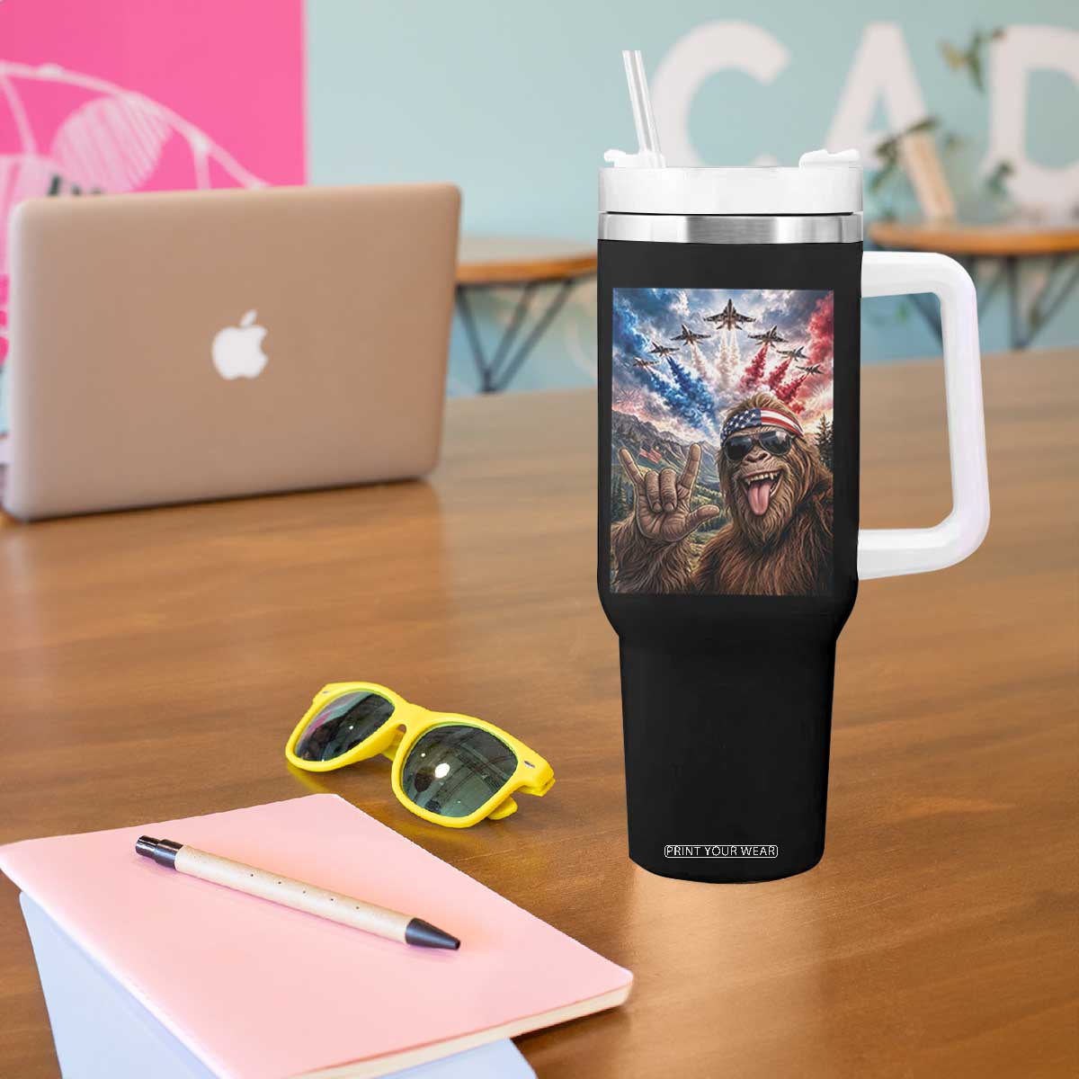 Patriotic Bigfoot 4th Of July Selfie Tumbler With Handle Funny USA Freedom Jet Fighter Graphic TS12 Print Your Wear