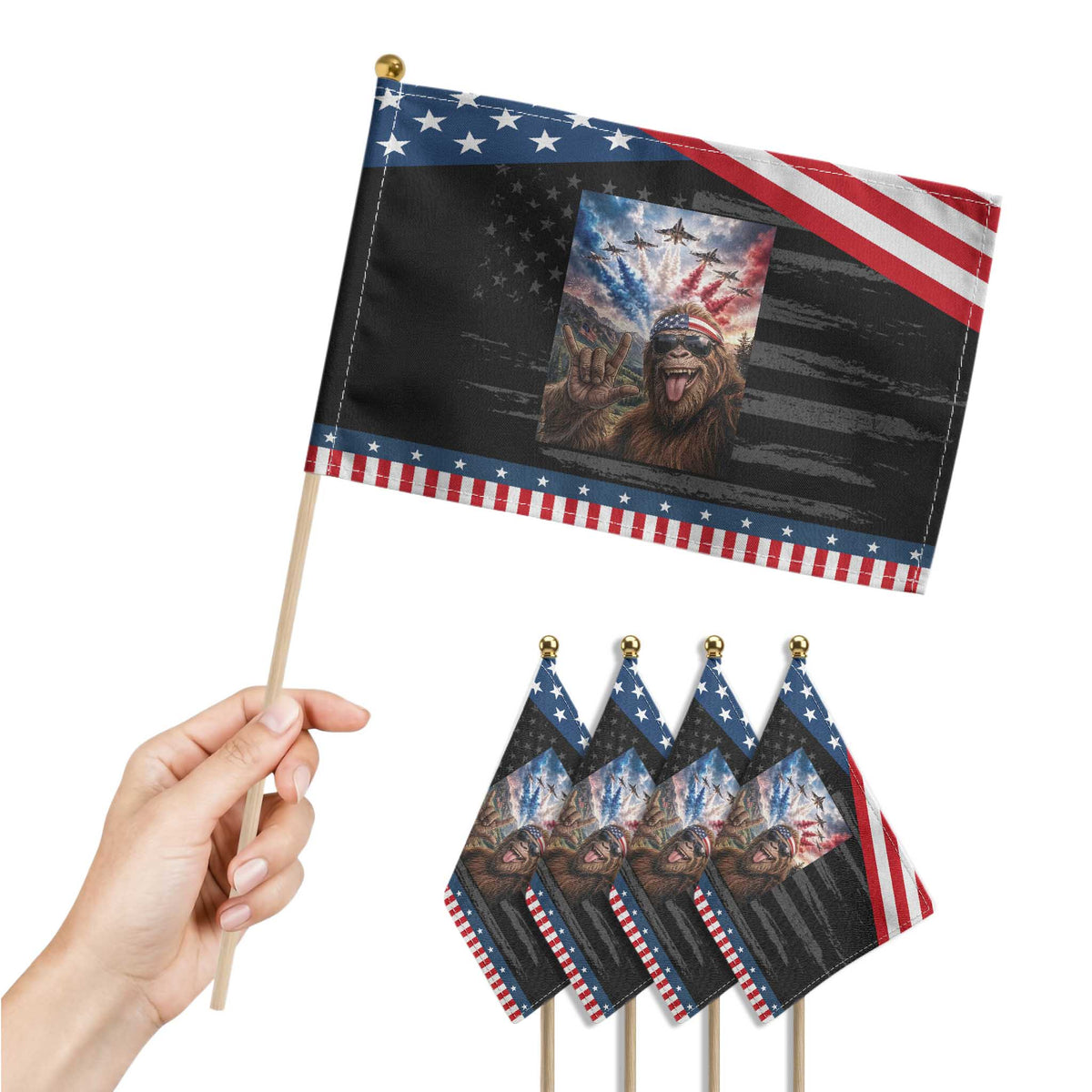 Funny Bigfoot 4th Of July Selfie Patriotic Handheld Flag Funny USA Freedom Jet Fighter Graphic TS12 Print Your Wear