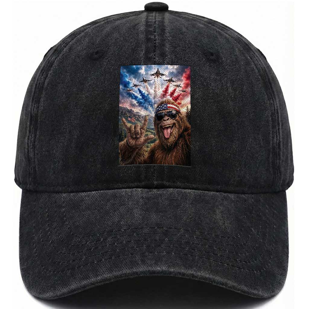 Patriotic Bigfoot 4th Of July Selfie Washed Cotton Baseball Cap Funny USA Freedom Jet Fighter Graphic TS12 Print Your Wear