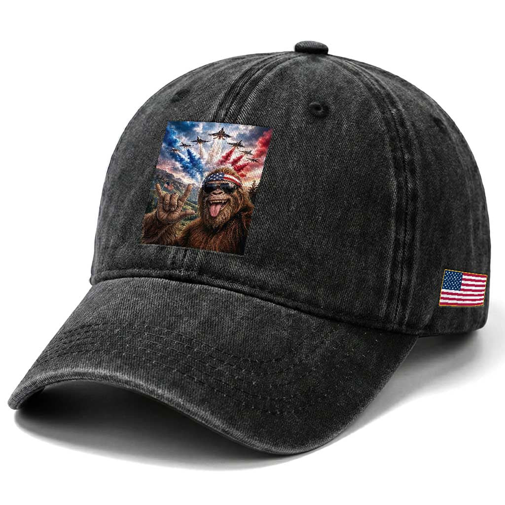 Patriotic Bigfoot 4th Of July Selfie Washed Cotton Baseball Cap Funny USA Freedom Jet Fighter Graphic TS12 Print Your Wear