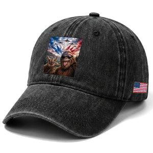 Patriotic Bigfoot 4th Of July Selfie Washed Cotton Baseball Cap Funny USA Freedom Jet Fighter Graphic TS12 Print Your Wear