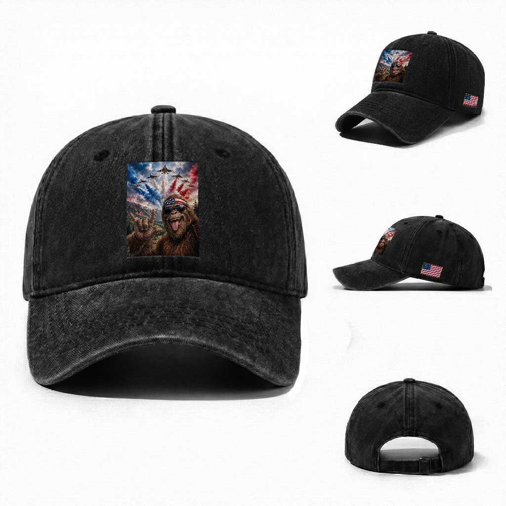Patriotic Bigfoot 4th Of July Selfie Washed Cotton Baseball Cap Funny USA Freedom Jet Fighter Graphic TS12 Washed Cap Universal Fit Black Print Your Wear