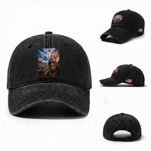 Patriotic Bigfoot 4th Of July Selfie Washed Cotton Baseball Cap Funny USA Freedom Jet Fighter Graphic TS12 Washed Cap Universal Fit Black Print Your Wear