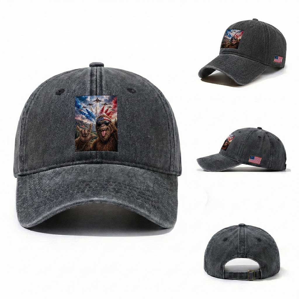 Patriotic Bigfoot 4th Of July Selfie Washed Cotton Baseball Cap Funny USA Freedom Jet Fighter Graphic TS12 Washed Cap Universal Fit Dark Gray Print Your Wear