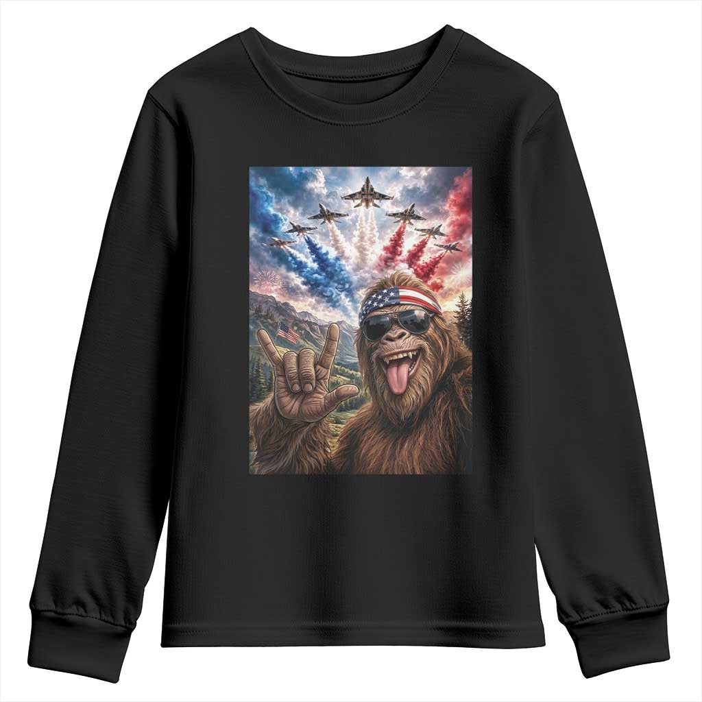 Patriotic Bigfoot 4th Of July Selfie Youth Sweatshirt Funny USA Freedom Jet Fighter Graphic TS12 Black Print Your Wear