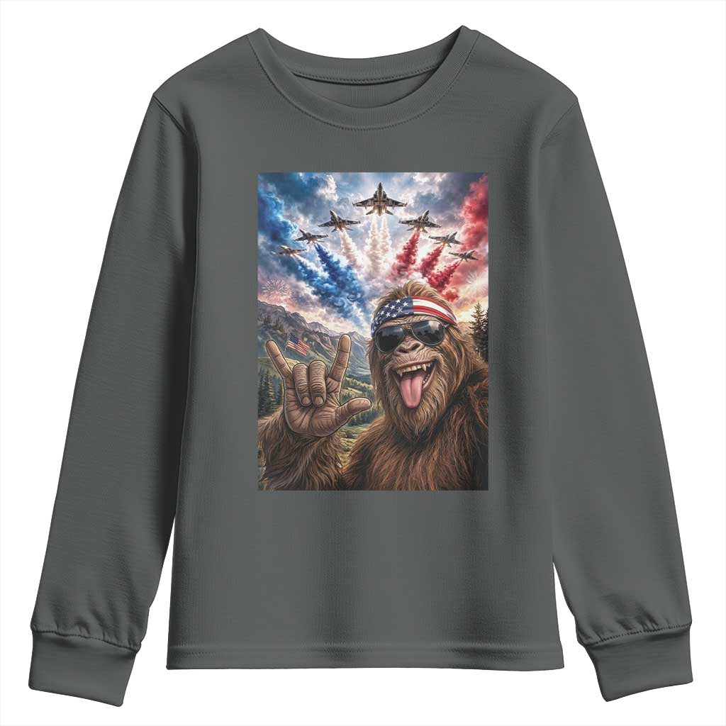 Patriotic Bigfoot 4th Of July Selfie Youth Sweatshirt Funny USA Freedom Jet Fighter Graphic TS12 Dark Heather Print Your Wear