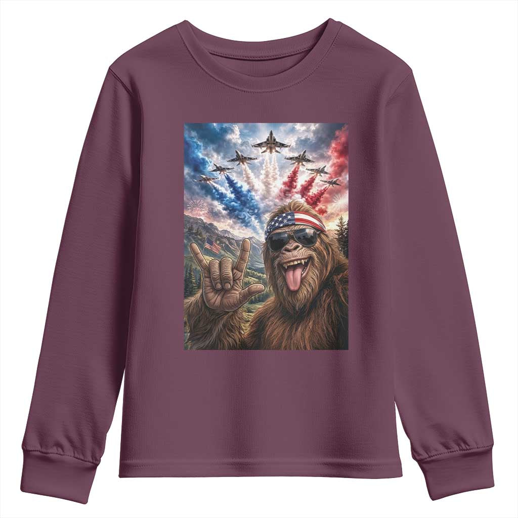 Patriotic Bigfoot 4th Of July Selfie Youth Sweatshirt Funny USA Freedom Jet Fighter Graphic TS12 Maroon Print Your Wear
