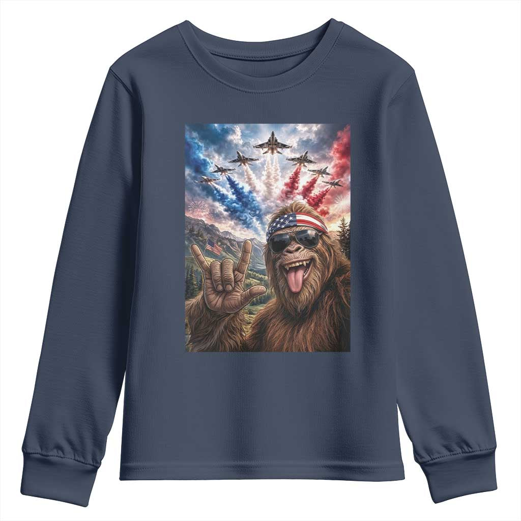 Patriotic Bigfoot 4th Of July Selfie Youth Sweatshirt Funny USA Freedom Jet Fighter Graphic TS12 Navy Print Your Wear