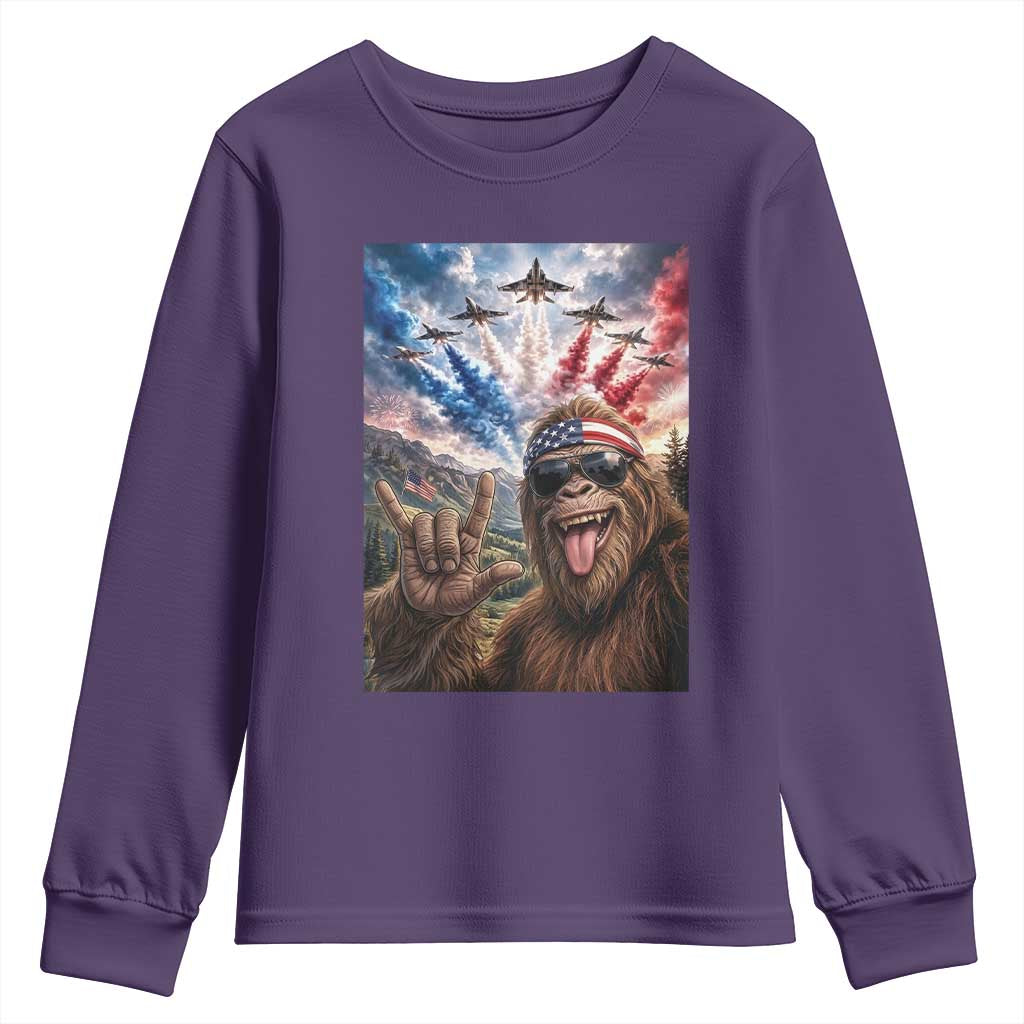Patriotic Bigfoot 4th Of July Selfie Youth Sweatshirt Funny USA Freedom Jet Fighter Graphic TS12 Purple Print Your Wear