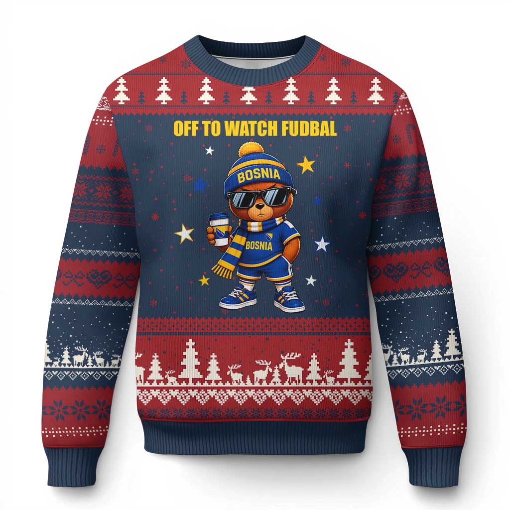 Funny Bosnia Teddy Bear Game Day Gift Ugly Christmas Sweater Off To Watch Fudbal