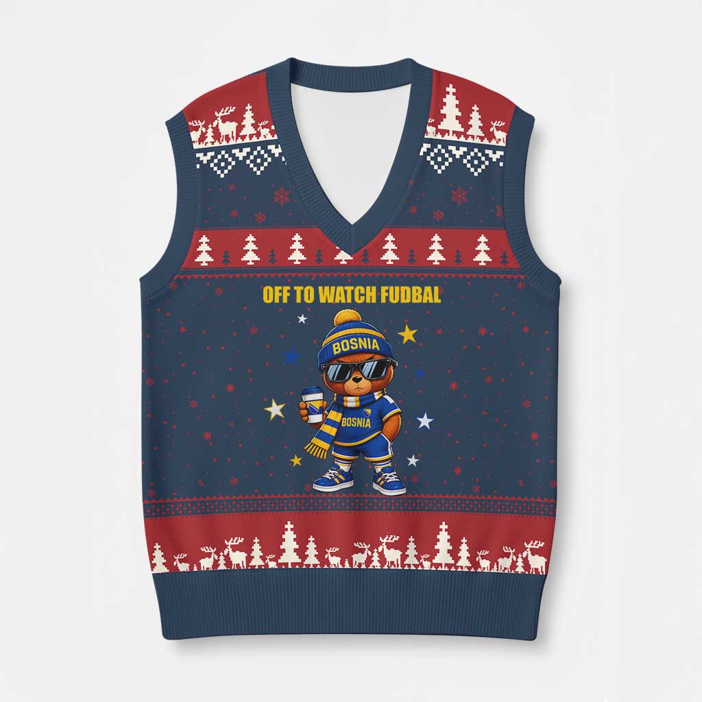 Funny Bosnia Teddy Bear Game Day Gift V-Neck Knit Sweater Vest Off To Watch Fudbal