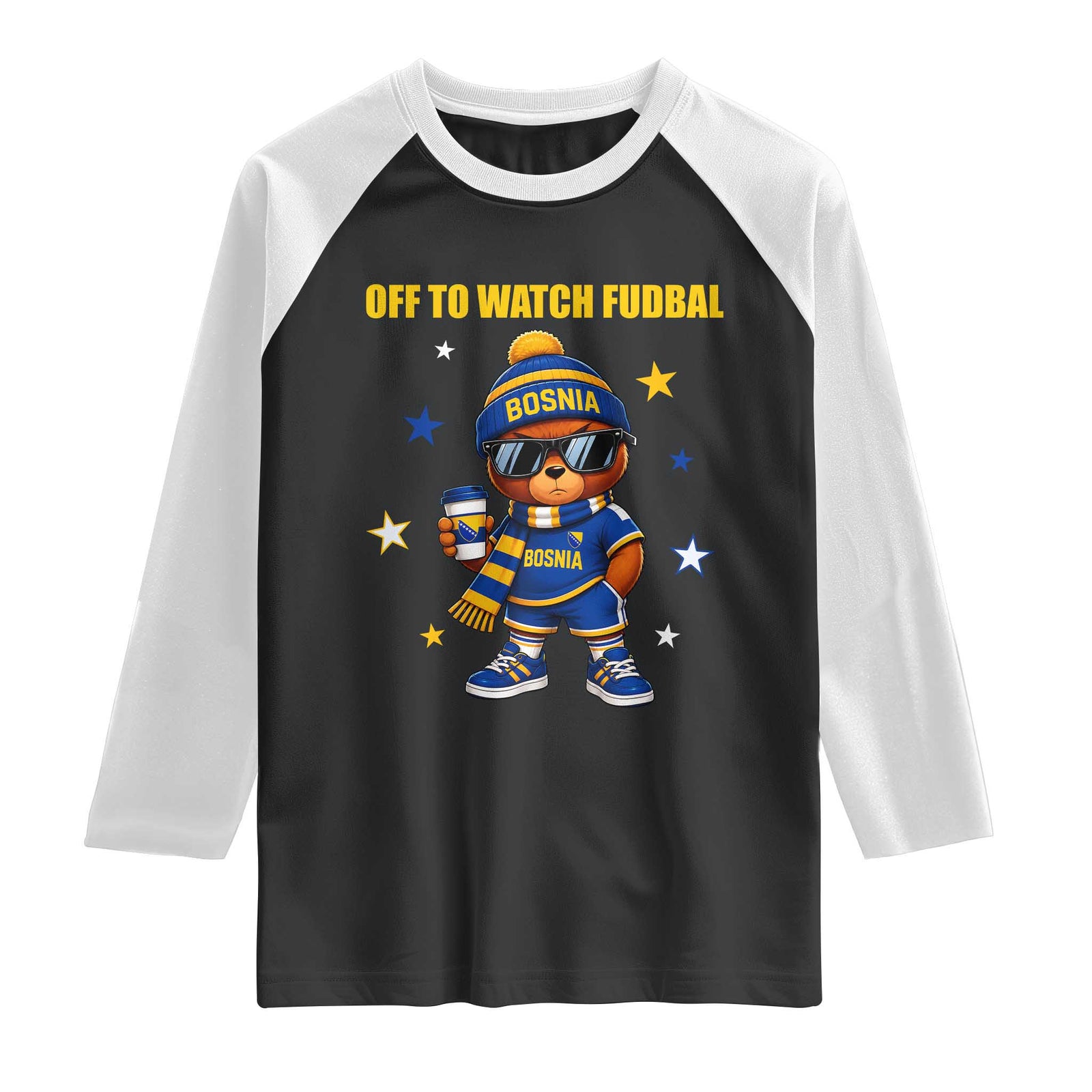 Funny Bosnia Teddy Bear Game Day Gift Raglan Shirt Off To Watch Fudbal TS12 Black White Print Your Wear