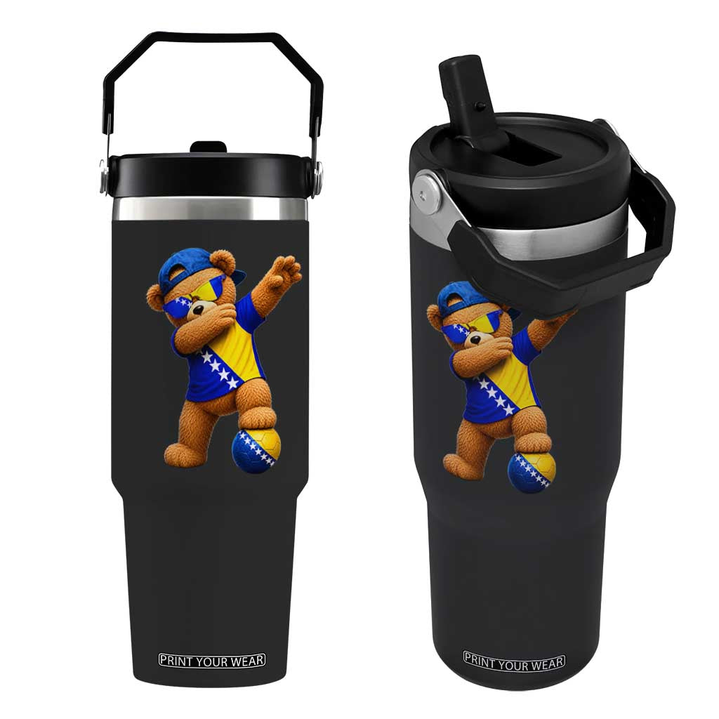Funny Bosnia Teddy Bear Dabbing Fudbal Fan Gift Flip Straw Tumbler TS12 One Size: 30 oz Black Print Your Wear