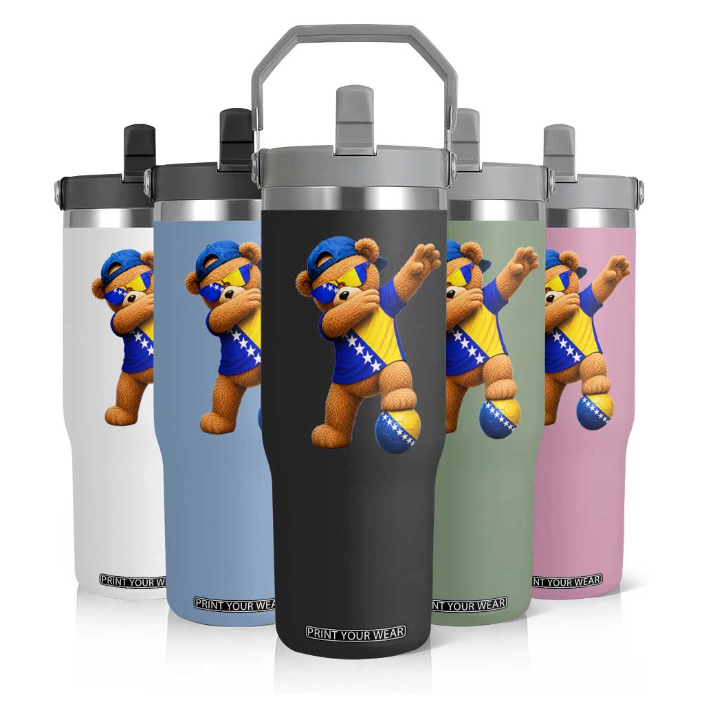 Funny Bosnia Teddy Bear Dabbing Fudbal Fan Gift Flip Straw Tumbler