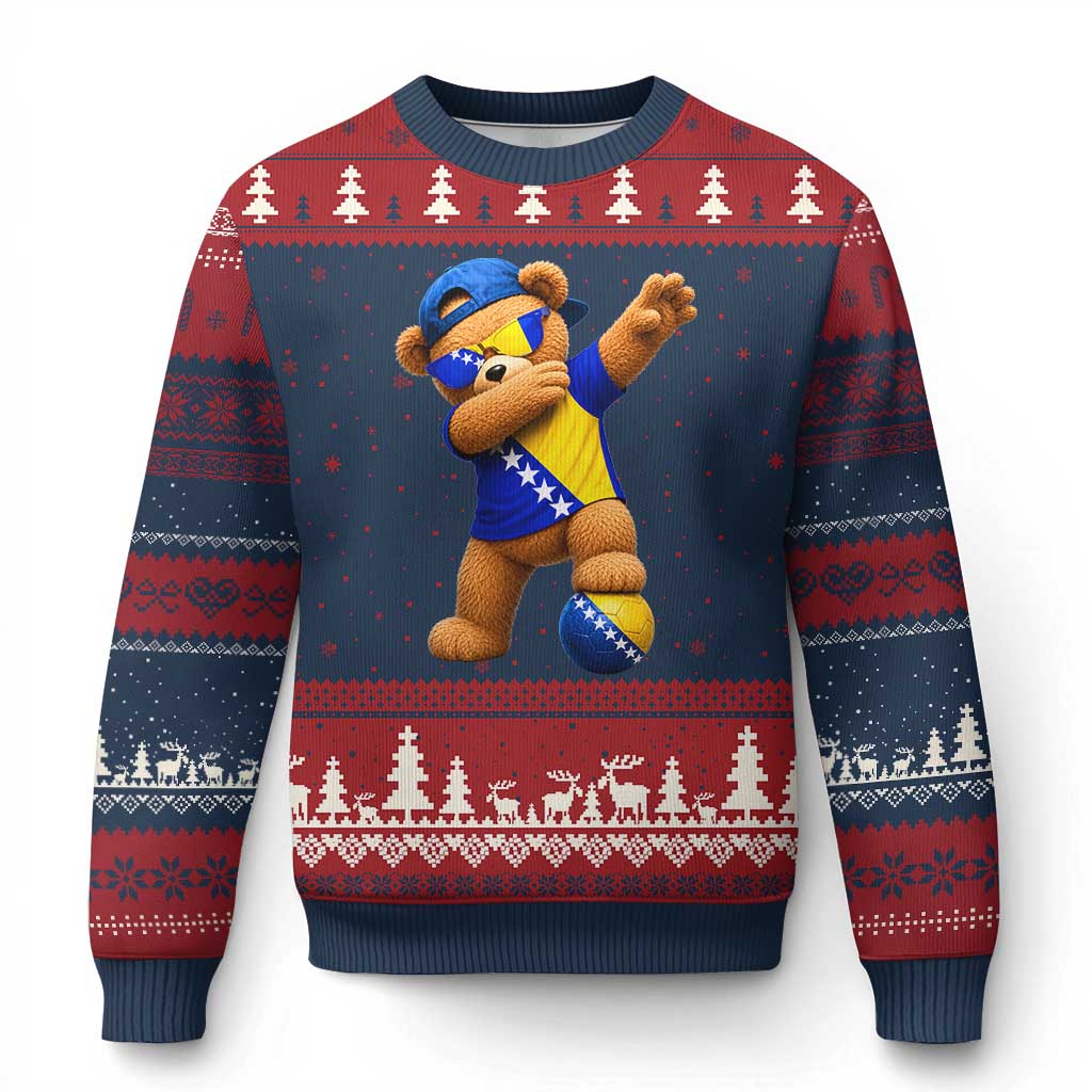 Funny Bosnia Teddy Bear Dabbing Fudbal Fan Gift Ugly Christmas Sweater