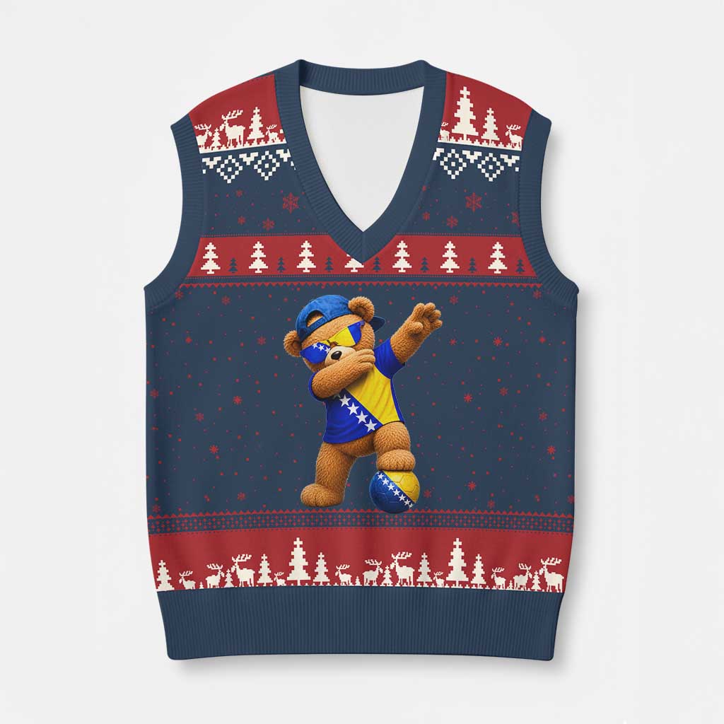 Funny Bosnia Teddy Bear Dabbing Fudbal Fan Gift V-Neck Knit Sweater Vest