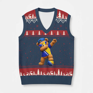 Funny Bosnia Teddy Bear Dabbing Fudbal Fan Gift V-Neck Knit Sweater Vest