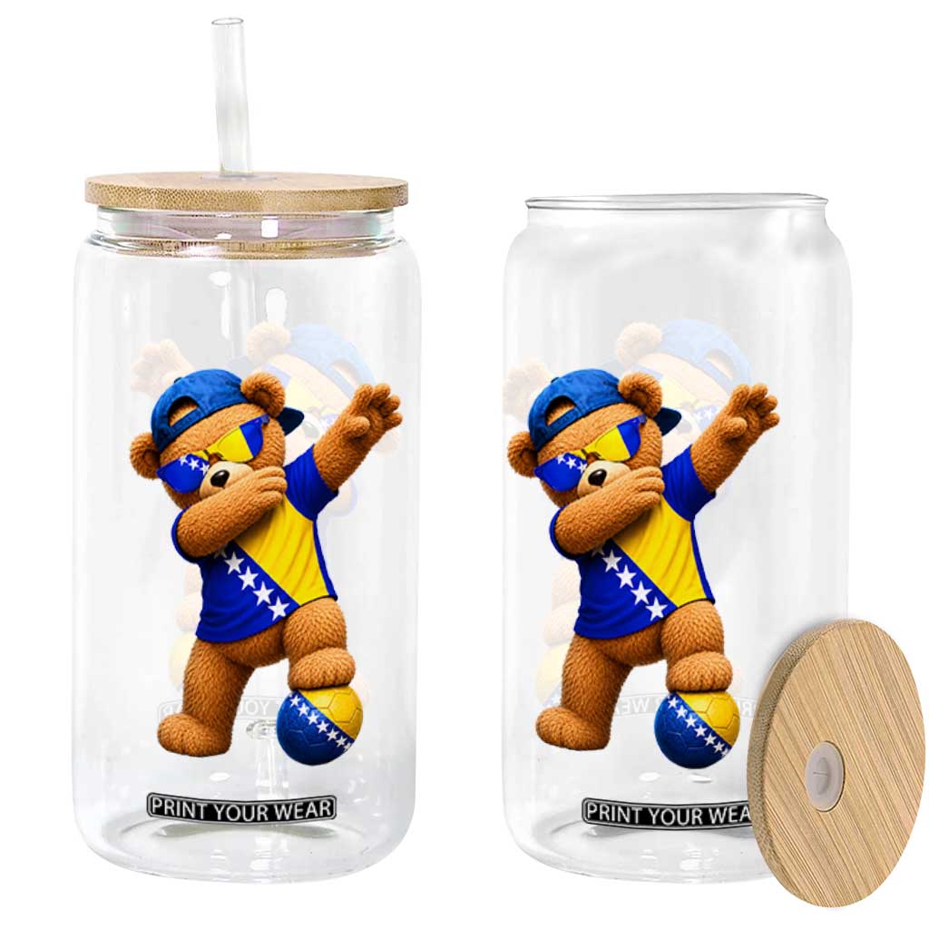 Funny Bosnia Teddy Bear Dabbing Fudbal Fan Gift Glass Can