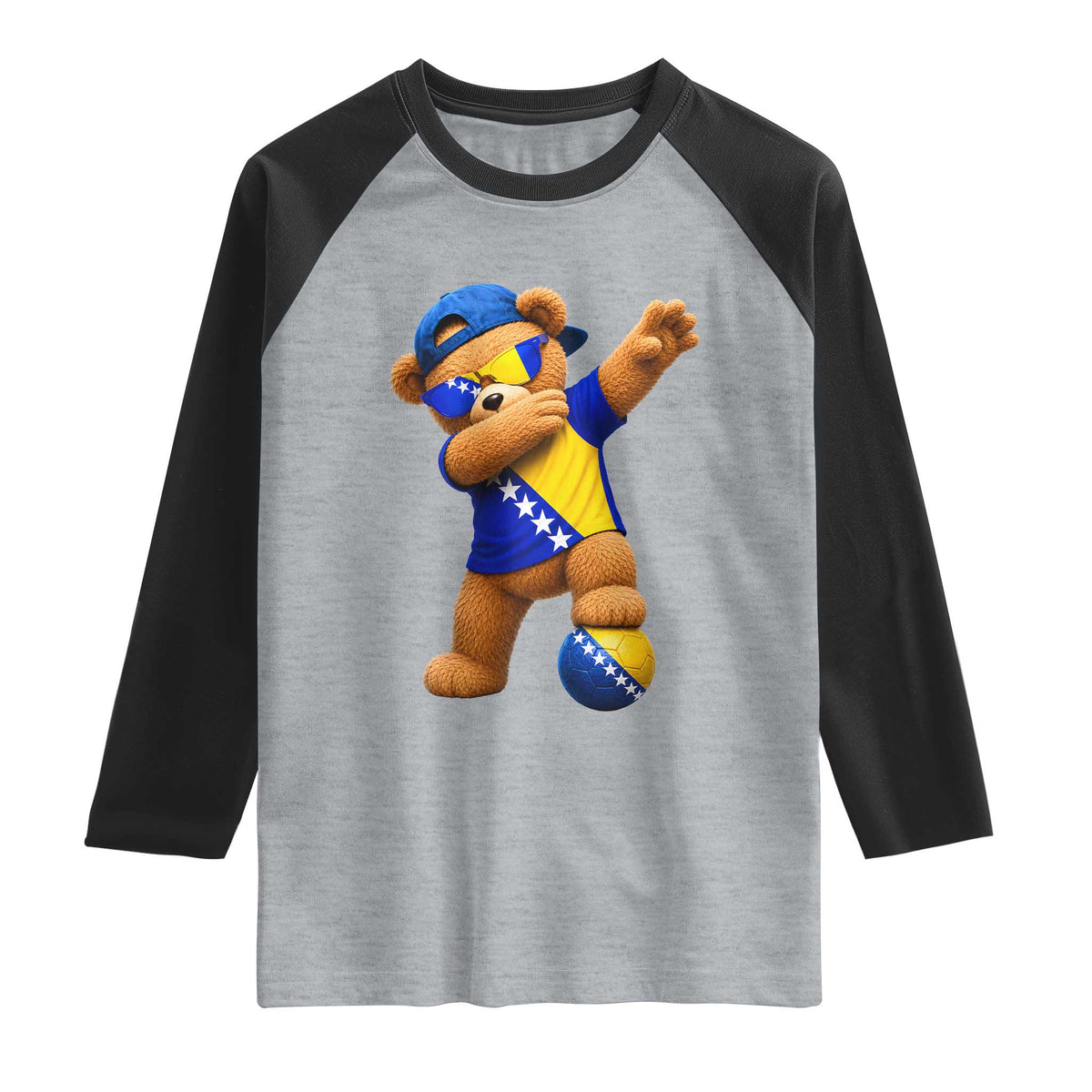 Funny Bosnia Teddy Bear Dabbing Fudbal Fan Gift Raglan Shirt